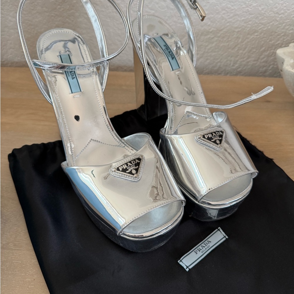 Prada Silver Platform Shoes with Strappy Design